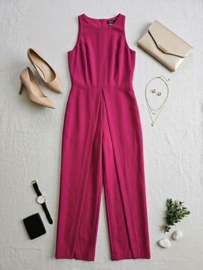 Tahari Sleeveless Raspberry Fuchsia Wide-Leg Jumpsuit With Front Slits, Size 4